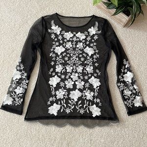 Sheer Embroidered Floral Black and White Long Sleeve Top